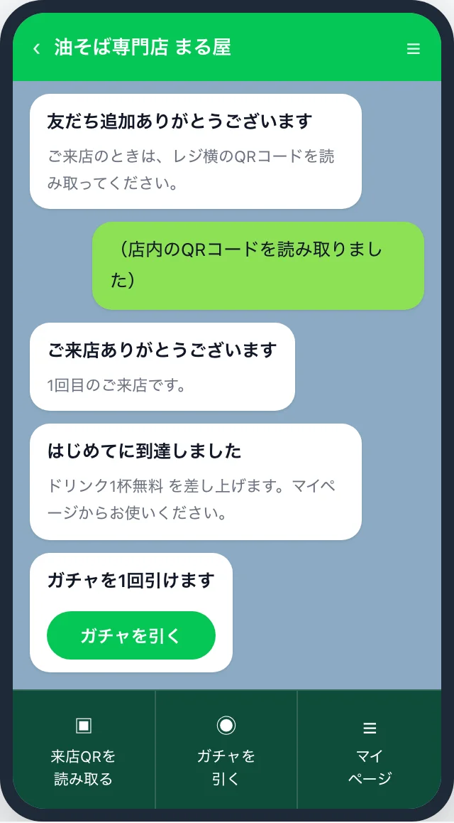 来店QRを読み取ったあとのLINEトーク。来店回数のカウント、到達した段の特典、ガチャを引くボタンが届く