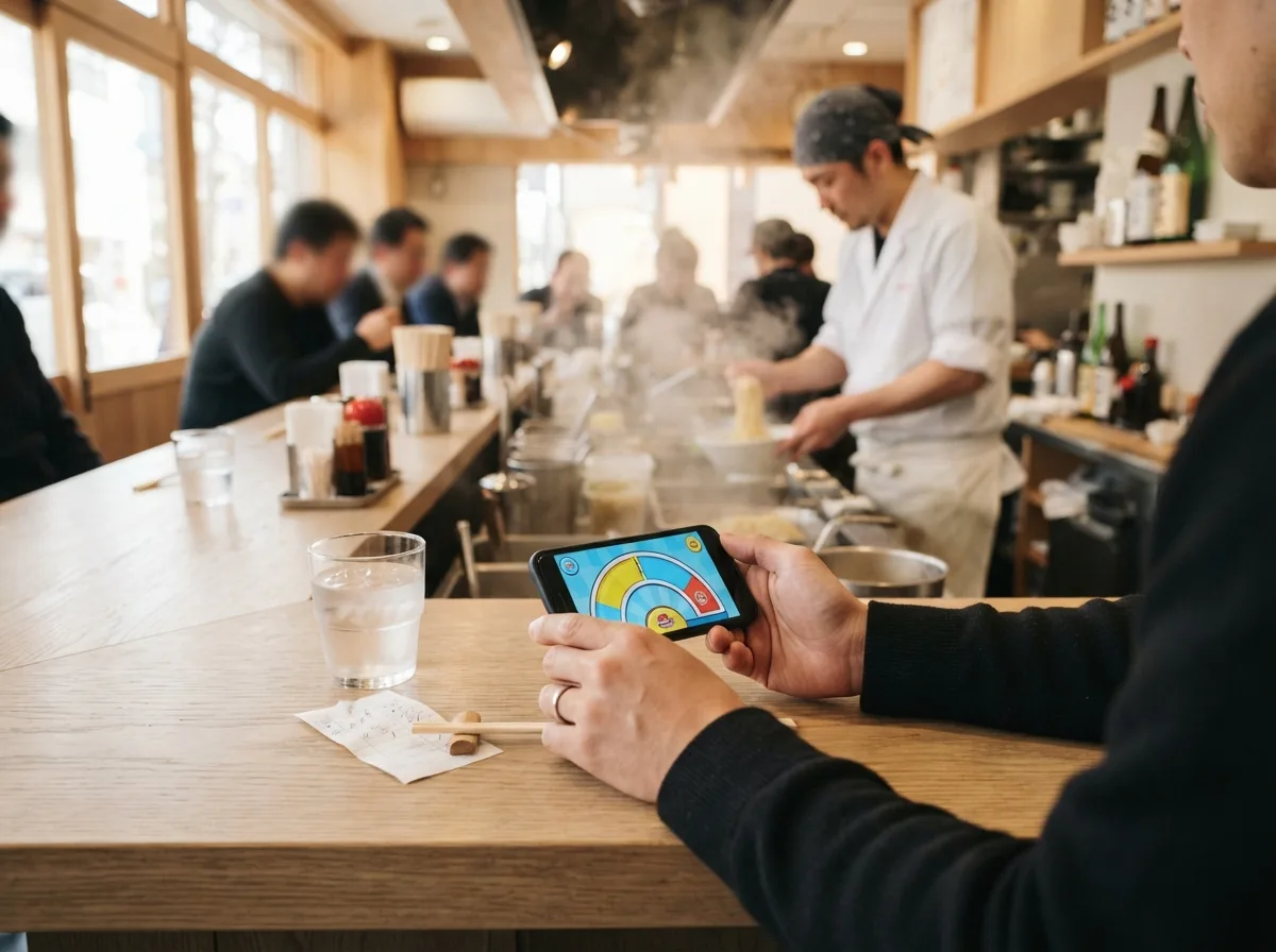 ラーメン店のカウンターで、料理を待つあいだにお客様がスマートフォンのミニゲームを遊んでいる