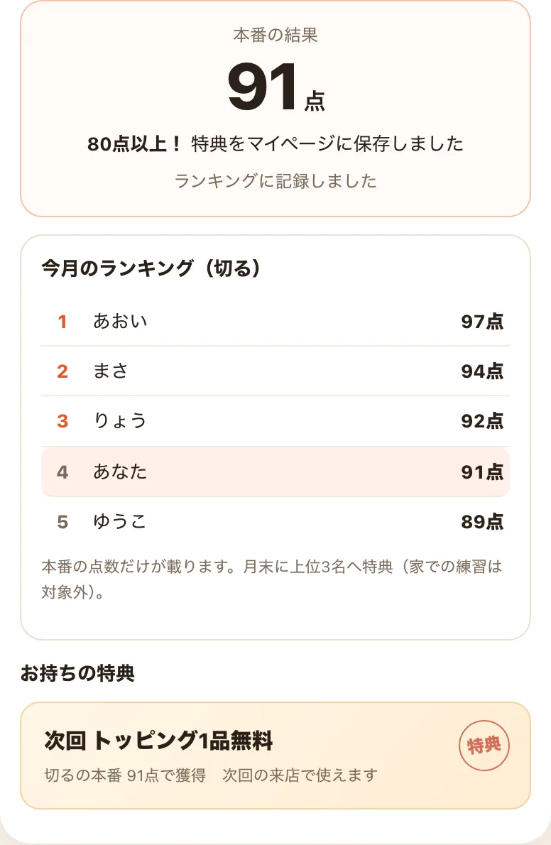 本番の結果、月間ランキング、特典チケットが表示された画面