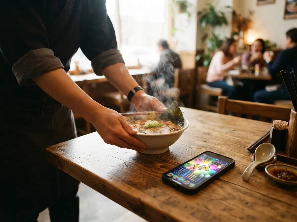 料理が運ばれてきたテーブルに、ゲームの結果画面が表示されたスマートフォンが置かれている