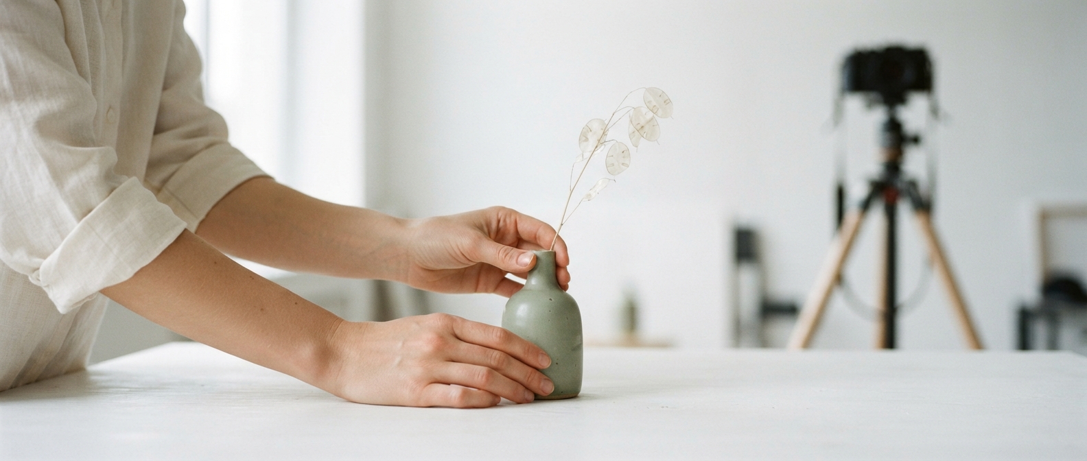 撮影セットで花器の位置を直す手元