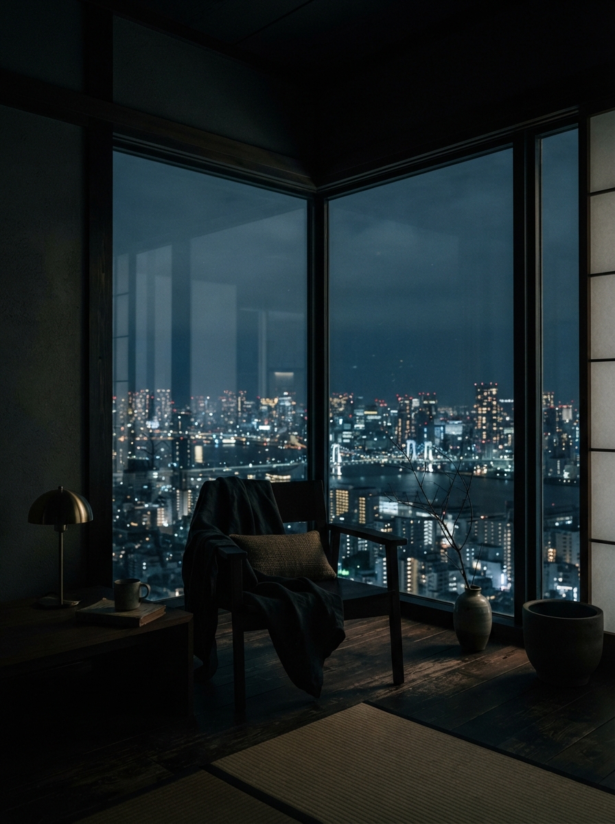 夜景を望むコーナー窓の部屋