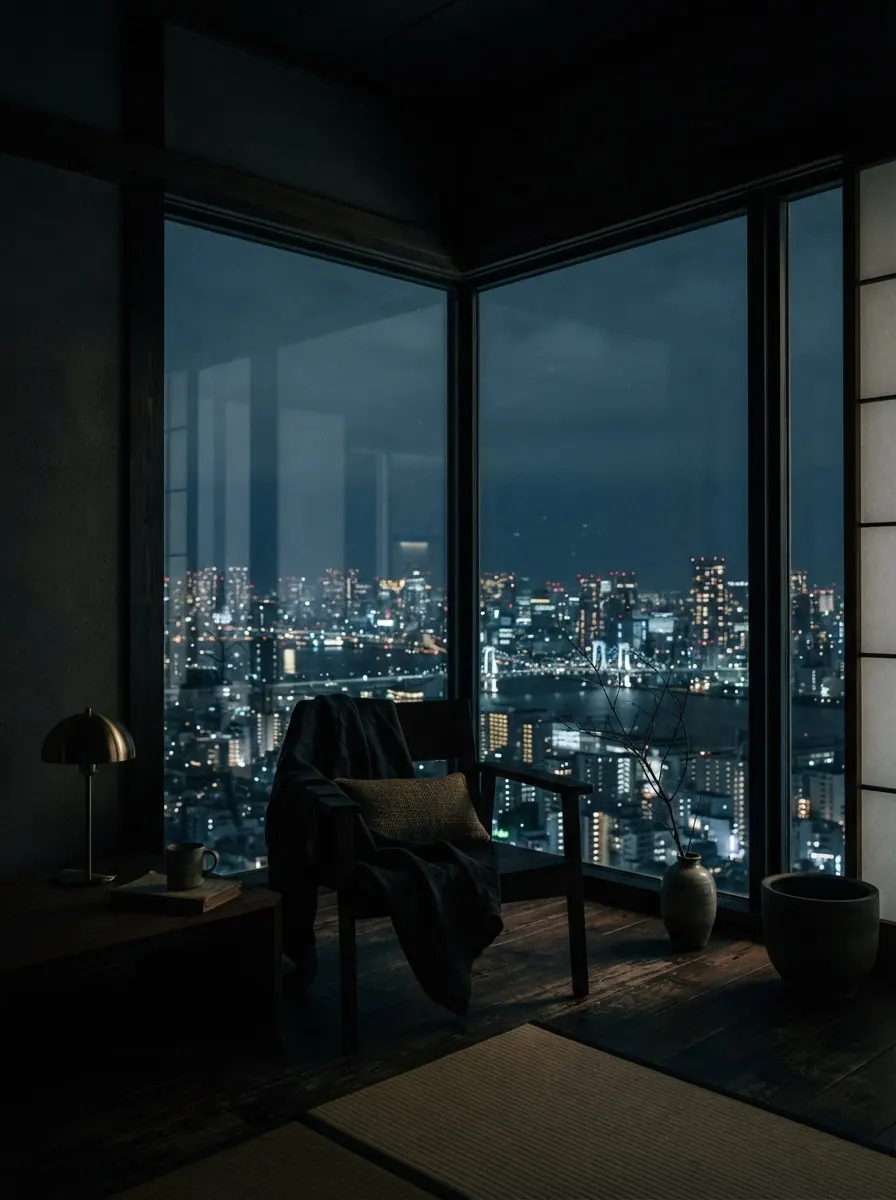夜景を望むコーナー窓の部屋